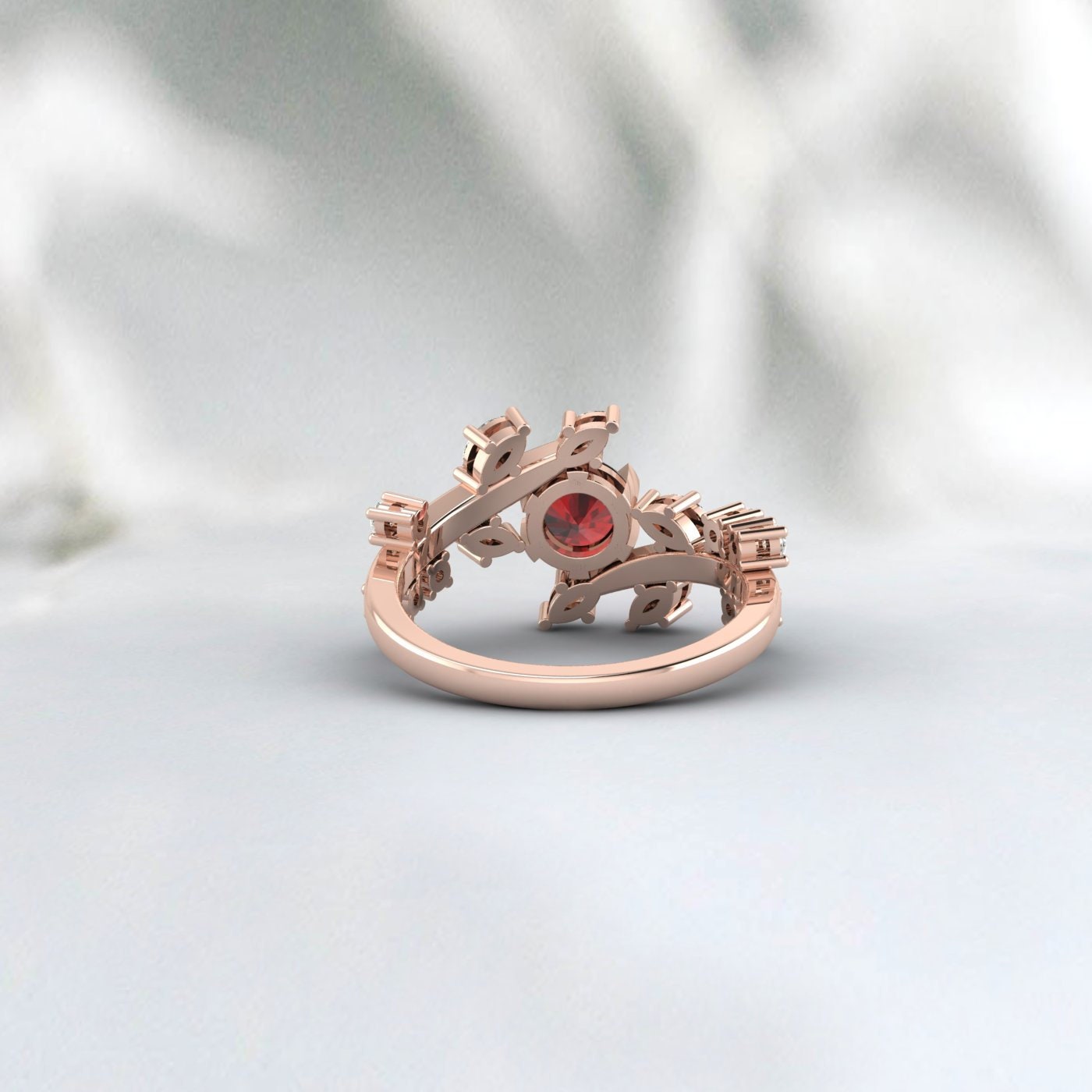 Natural Red Garnet Leaf Ring Rose Gold Promise Wedding Bridal Ring