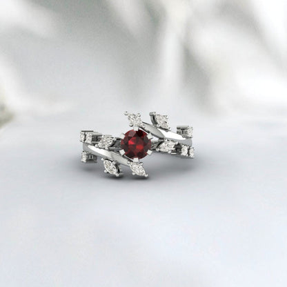 Natural Red Garnet Leaf Ring Rose Gold Promise Wedding Bridal Ring