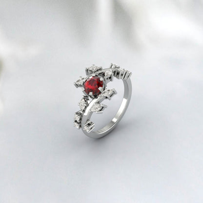 Natural Red Garnet Leaf Ring Rose Gold Promise Wedding Bridal Ring