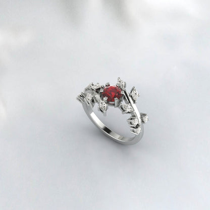 Natural Red Garnet Leaf Ring Rose Gold Promise Wedding Bridal Ring