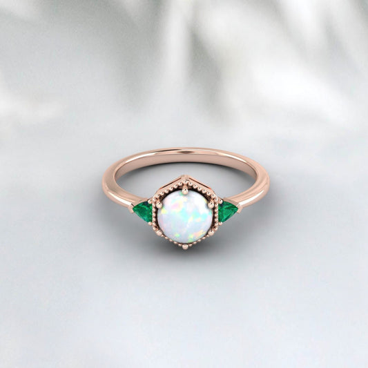 Fire Opal Ring, Emerald Ring, 925 Silver Sterling, October Birthstone ring, Engagement Ring, Unique Jewelry Design For Wedding Wear For Her