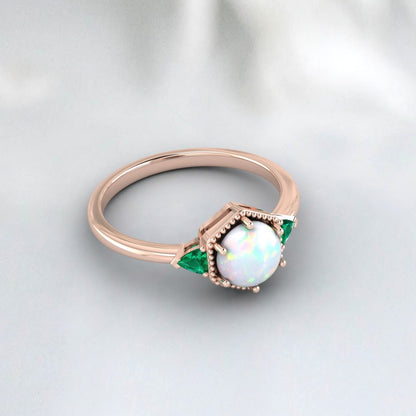 Fire Opal Ring, Emerald Ring, 925 Silver Sterling, October Birthstone ring, Engagement Ring, Unique Jewelry Design For Wedding Wear For Her