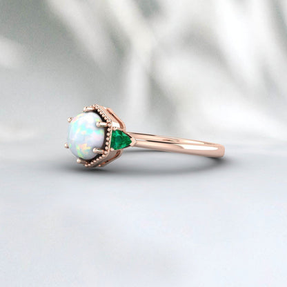 Fire Opal Ring, Emerald Ring, 925 Silver Sterling, October Birthstone ring, Engagement Ring, Unique Jewelry Design For Wedding Wear For Her