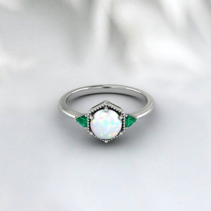 Fire Opal Ring, Emerald Ring, 925 Silver Sterling, October Birthstone ring, Engagement Ring, Unique Jewelry Design For Wedding Wear For Her