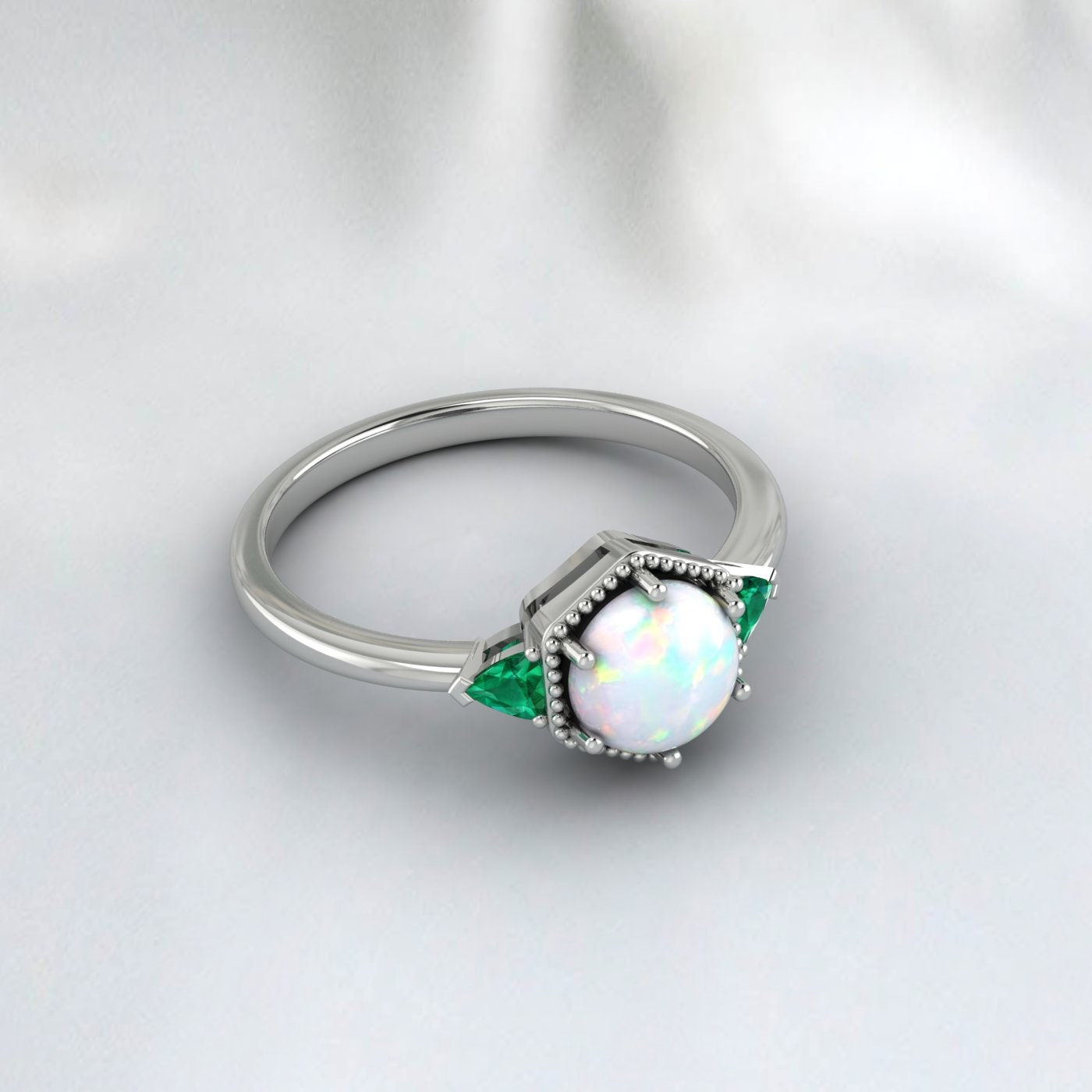 Fire Opal Ring, Emerald Ring, 925 Silver Sterling, October Birthstone ring, Engagement Ring, Unique Jewelry Design For Wedding Wear For Her