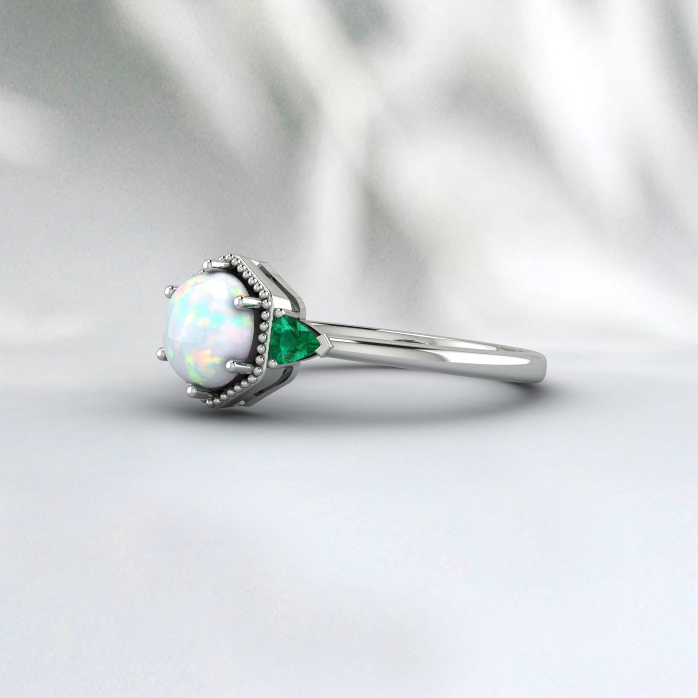 Fire Opal Ring, Emerald Ring, 925 Silver Sterling, October Birthstone ring, Engagement Ring, Unique Jewelry Design For Wedding Wear For Her