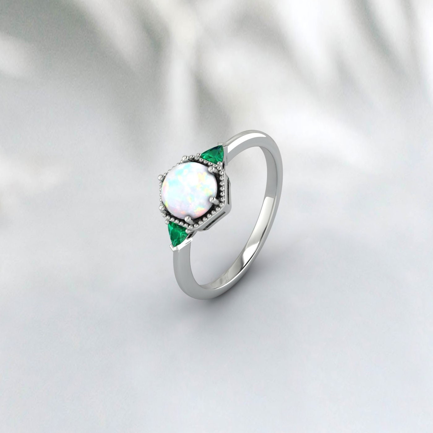 Fire Opal Ring, Emerald Ring, 925 Silver Sterling, October Birthstone ring, Engagement Ring, Unique Jewelry Design For Wedding Wear For Her