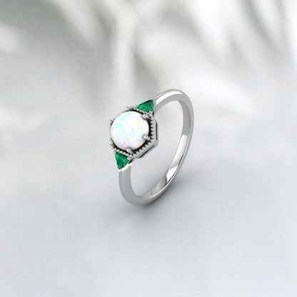 Fire Opal Ring, Emerald Ring, 925 Silver Sterling, October Birthstone ring, Engagement Ring, Unique Jewelry Design For Wedding Wear For Her