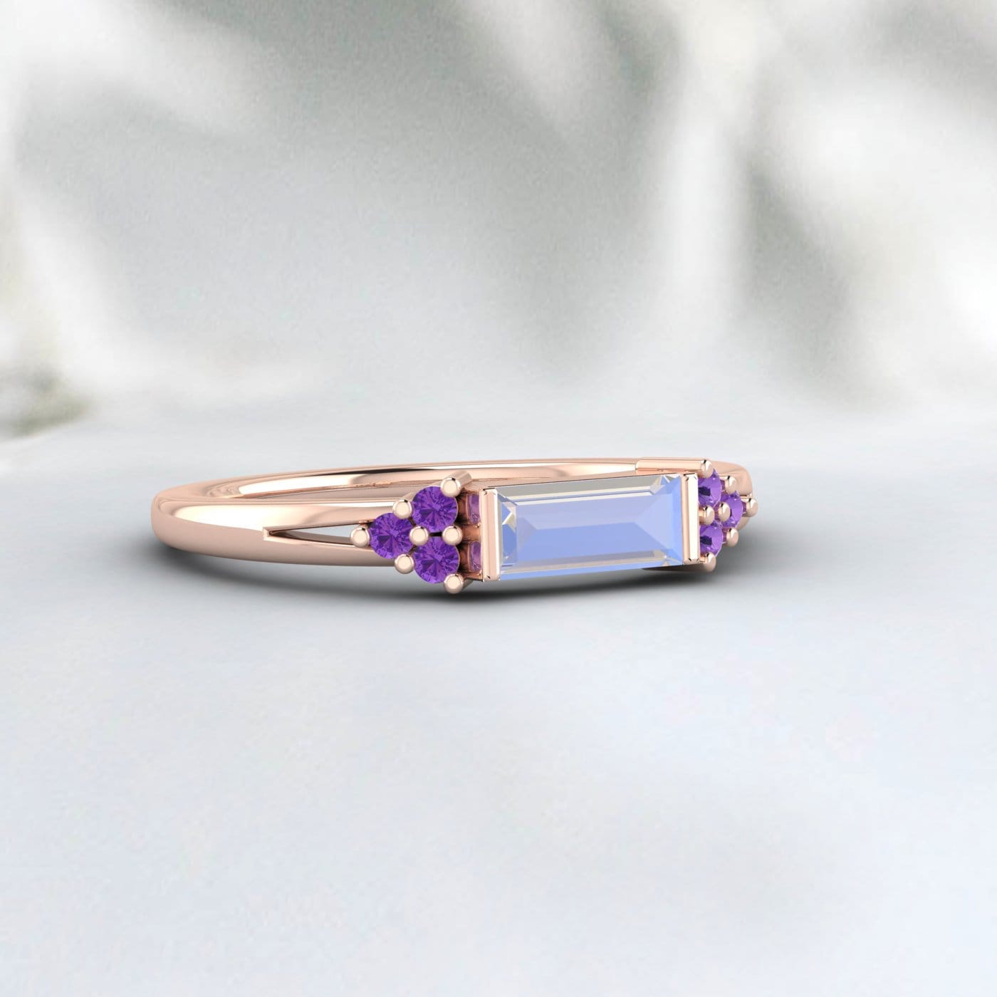 Natural Baguette Moonstone And Amethyst Ring 925 Sterling Silver Band