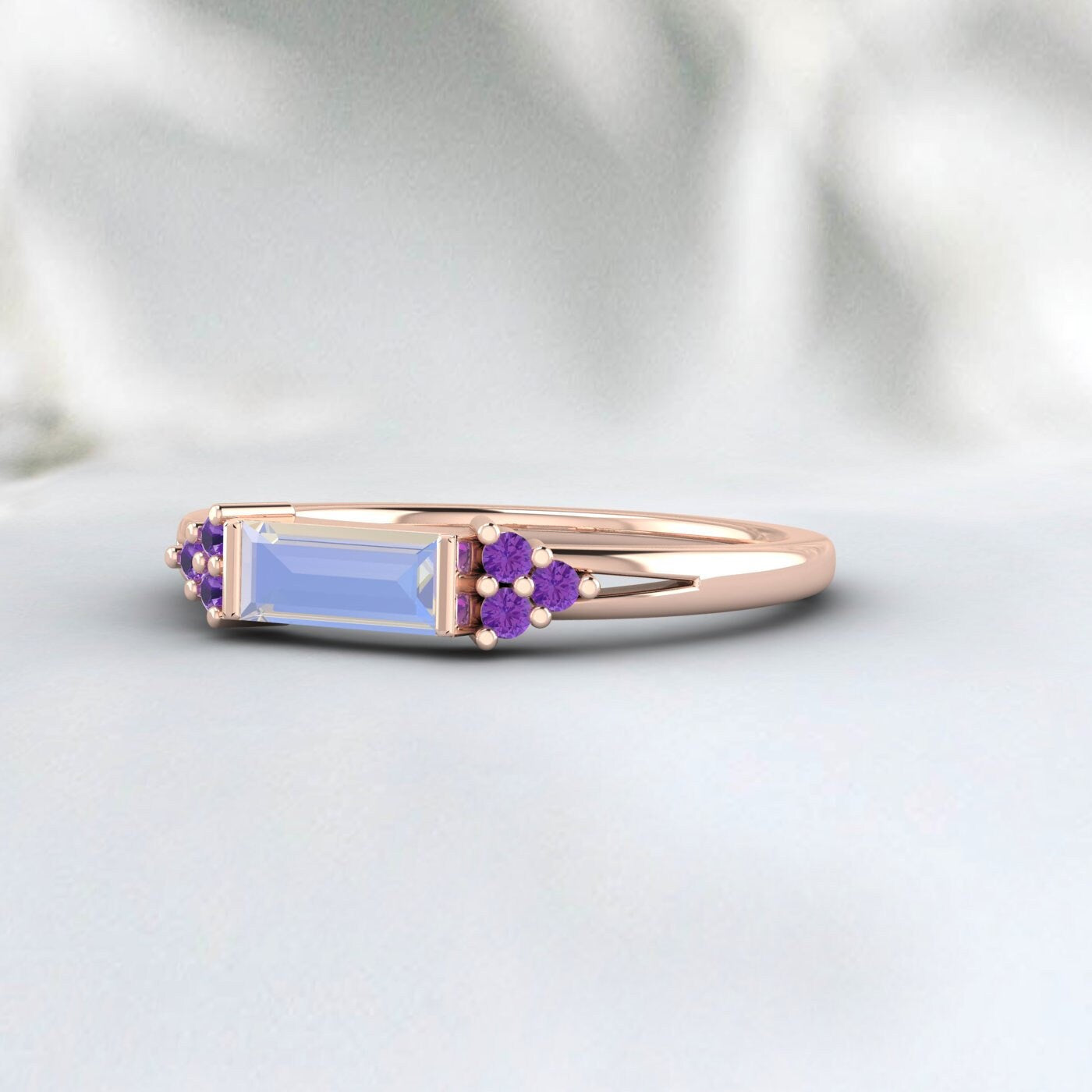 Natural Baguette Moonstone And Amethyst Ring 925 Sterling Silver Band