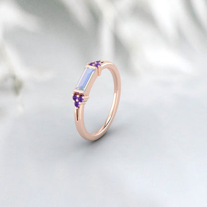 Natural Baguette Moonstone And Amethyst Ring 925 Sterling Silver Band