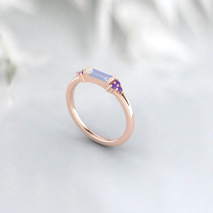 Natural Baguette Moonstone And Amethyst Ring 925 Sterling Silver Band