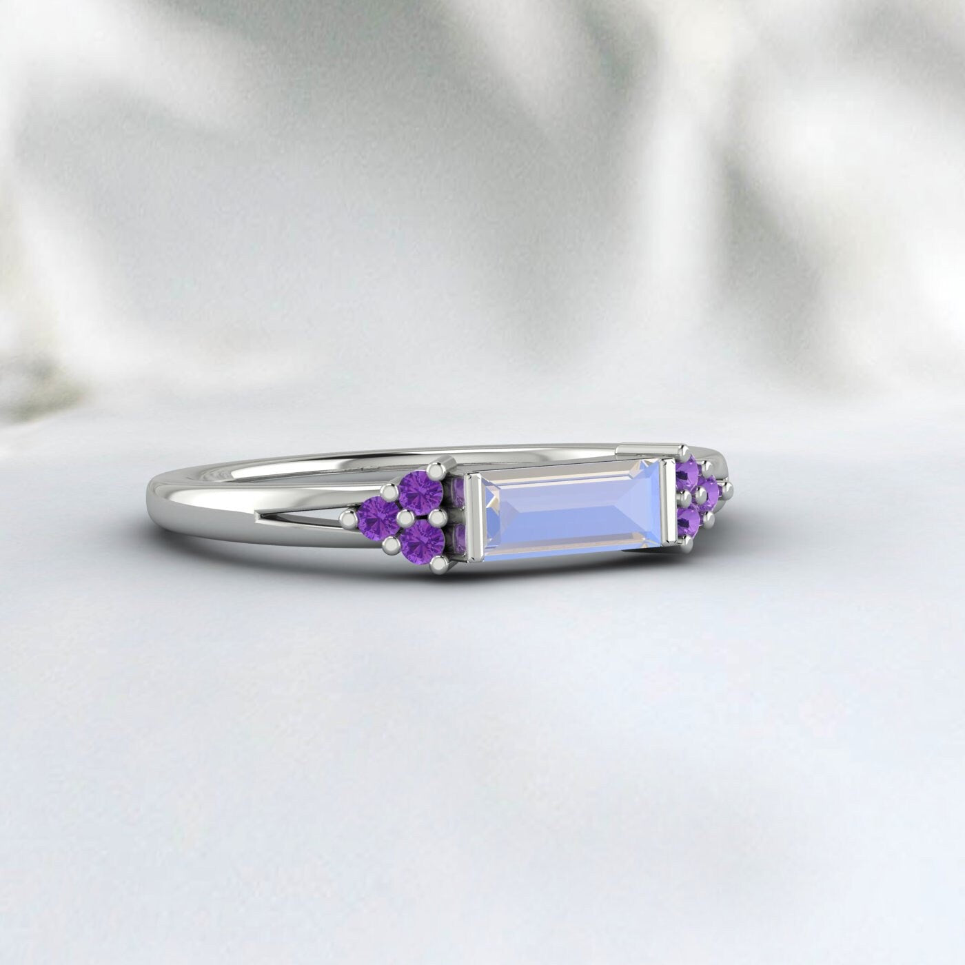 Natural Baguette Moonstone And Amethyst Ring 925 Sterling Silver Band