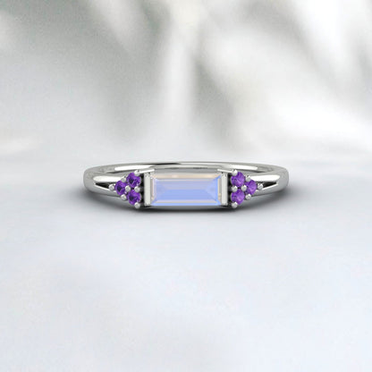 Natural Baguette Moonstone And Amethyst Ring 925 Sterling Silver Band