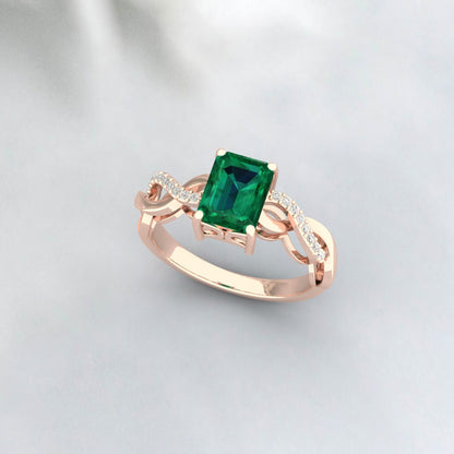 Silver Emerald Infinity Twist Emerald-Cut Solitaire Propose Ring