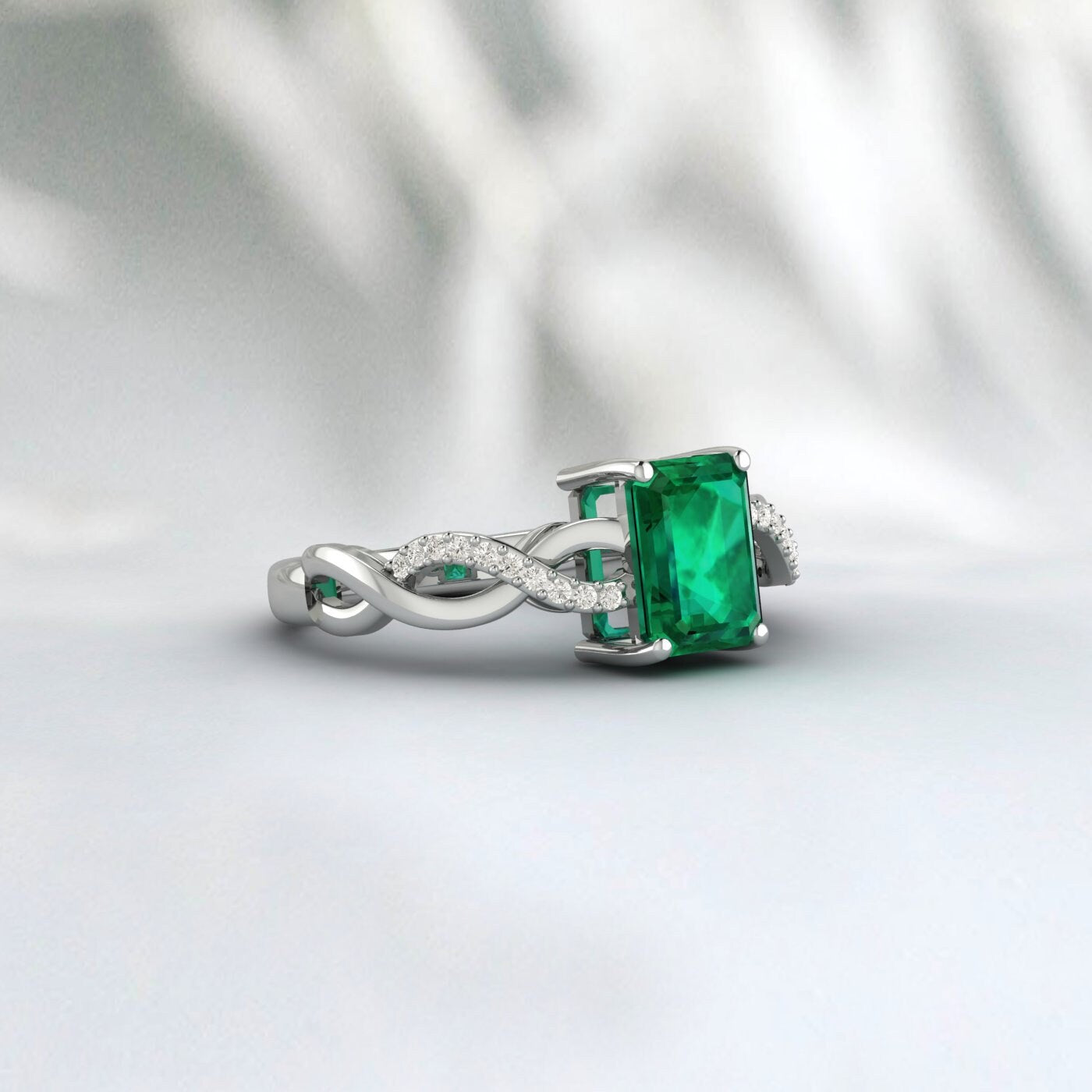 Silver Emerald Infinity Twist Emerald-Cut Solitaire Propose Ring