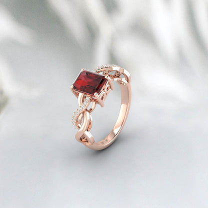 Bague de fiançailles torsadée en grenat rouge naturel taille émeraude, bague de promesse