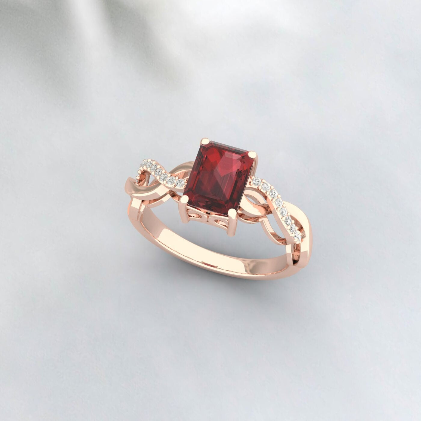 Bague de fiançailles torsadée en grenat rouge naturel taille émeraude, bague de promesse