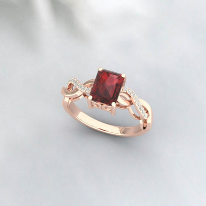 Bague de fiançailles torsadée en grenat rouge naturel taille émeraude, bague de promesse