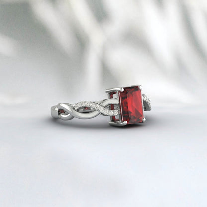 Bague de fiançailles torsadée en grenat rouge naturel taille émeraude, bague de promesse