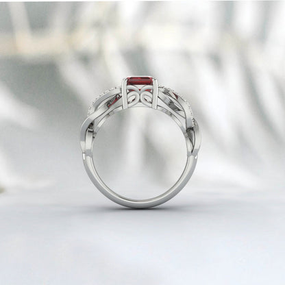 Bague de fiançailles torsadée en grenat rouge naturel taille émeraude, bague de promesse