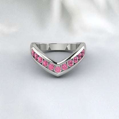 Curved Pink Tourmaline Ring Silver Half Eternity Band Wedding Band