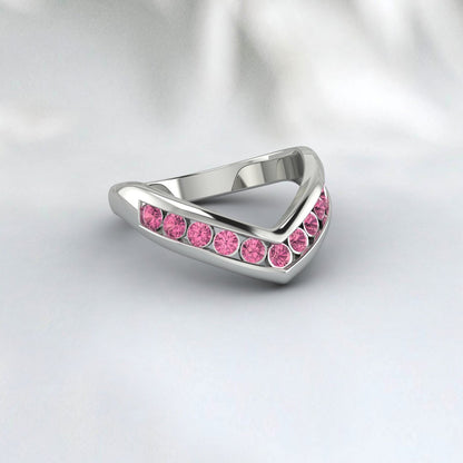 Curved Pink Tourmaline Ring Silver Half Eternity Band Wedding Band