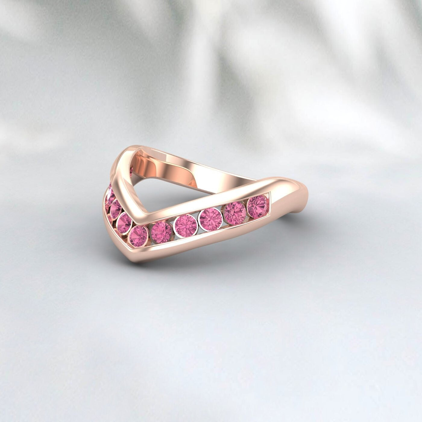 Bague de tourmaline rose incurvée, demi-éternité en argent, alliance