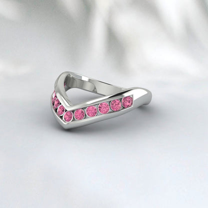 Bague de tourmaline rose incurvée, demi-éternité en argent, alliance