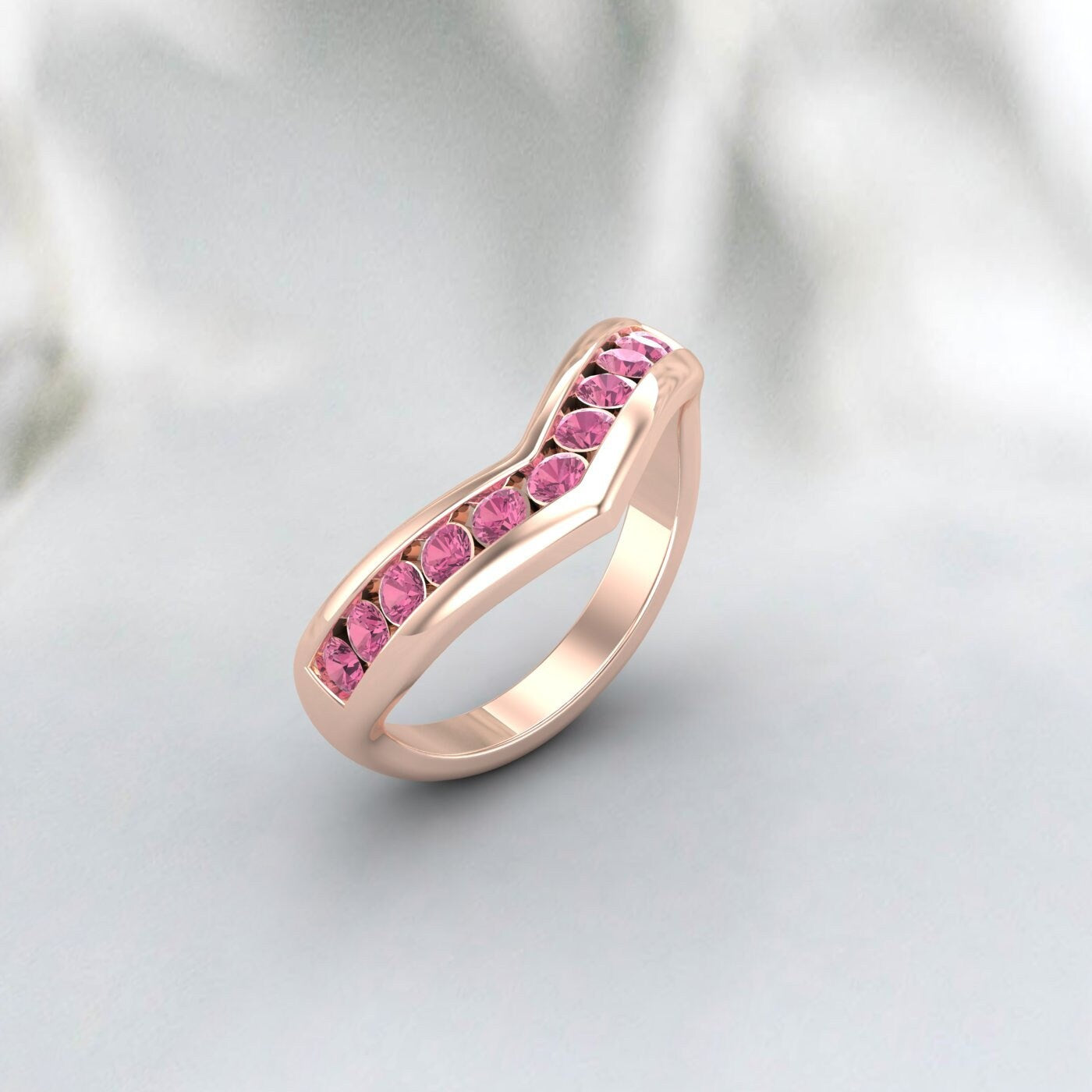 Curved Pink Tourmaline Ring Silver Half Eternity Band Wedding Band