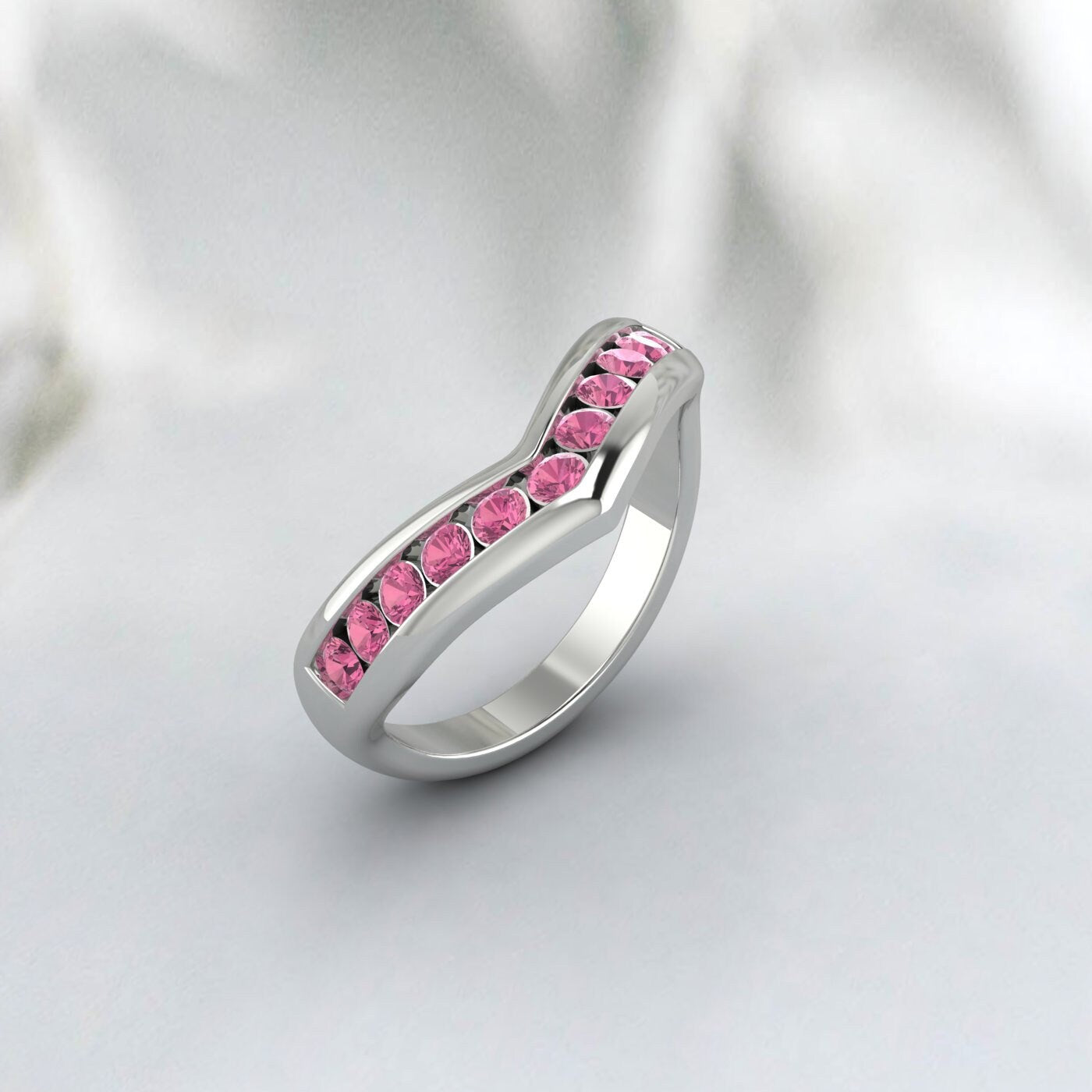 Bague de tourmaline rose incurvée, demi-éternité en argent, alliance