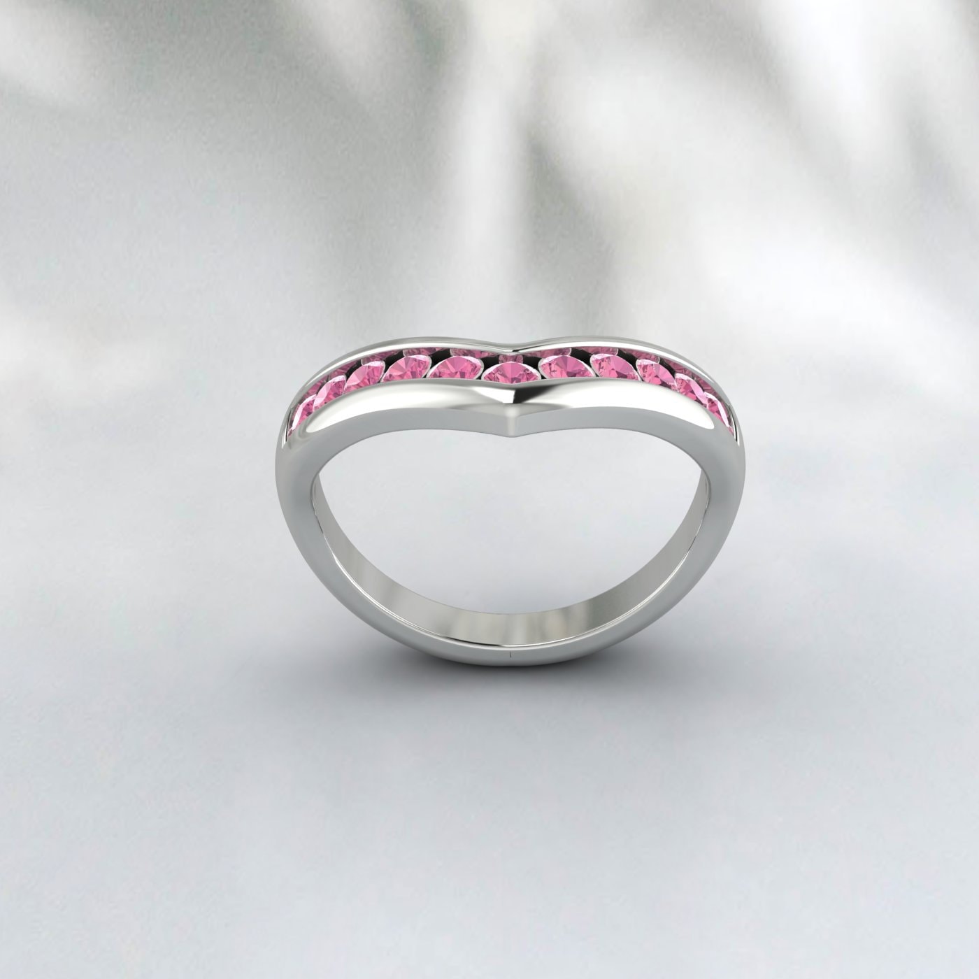 Curved Pink Tourmaline Ring Silver Half Eternity Band Wedding Band