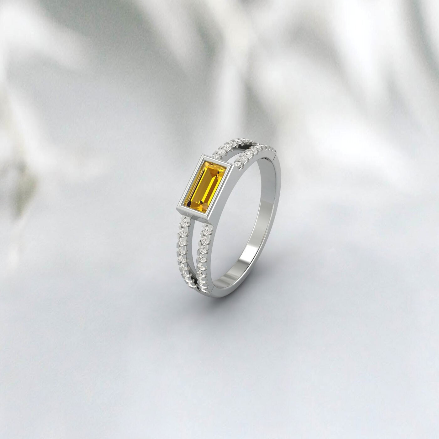 Baguette Cut Citrine Engagement Ring Art Deco Diamond Bridal Ring