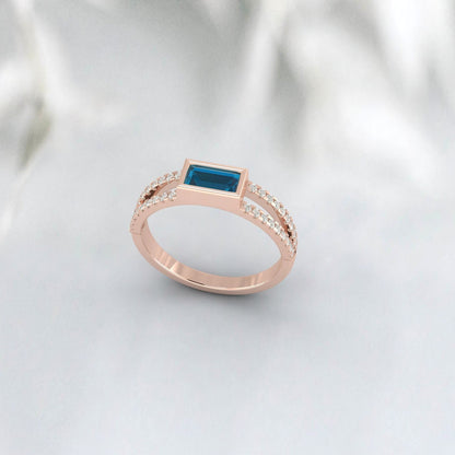 Baguette London Blue Topaz Ring, Wedding Engagement Ring, Art Deco Ring, Yellow Gold Plated, Minimalist Ring, 925 Sterling Silver