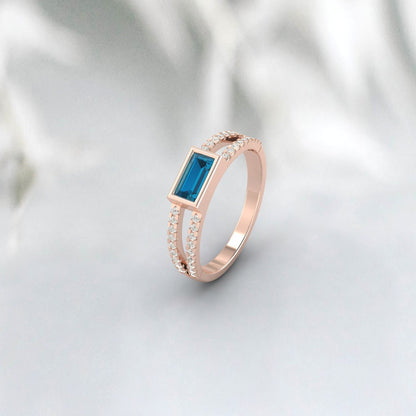 Baguette London Blue Topaz Ring, Wedding Engagement Ring, Art Deco Ring, Yellow Gold Plated, Minimalist Ring, 925 Sterling Silver