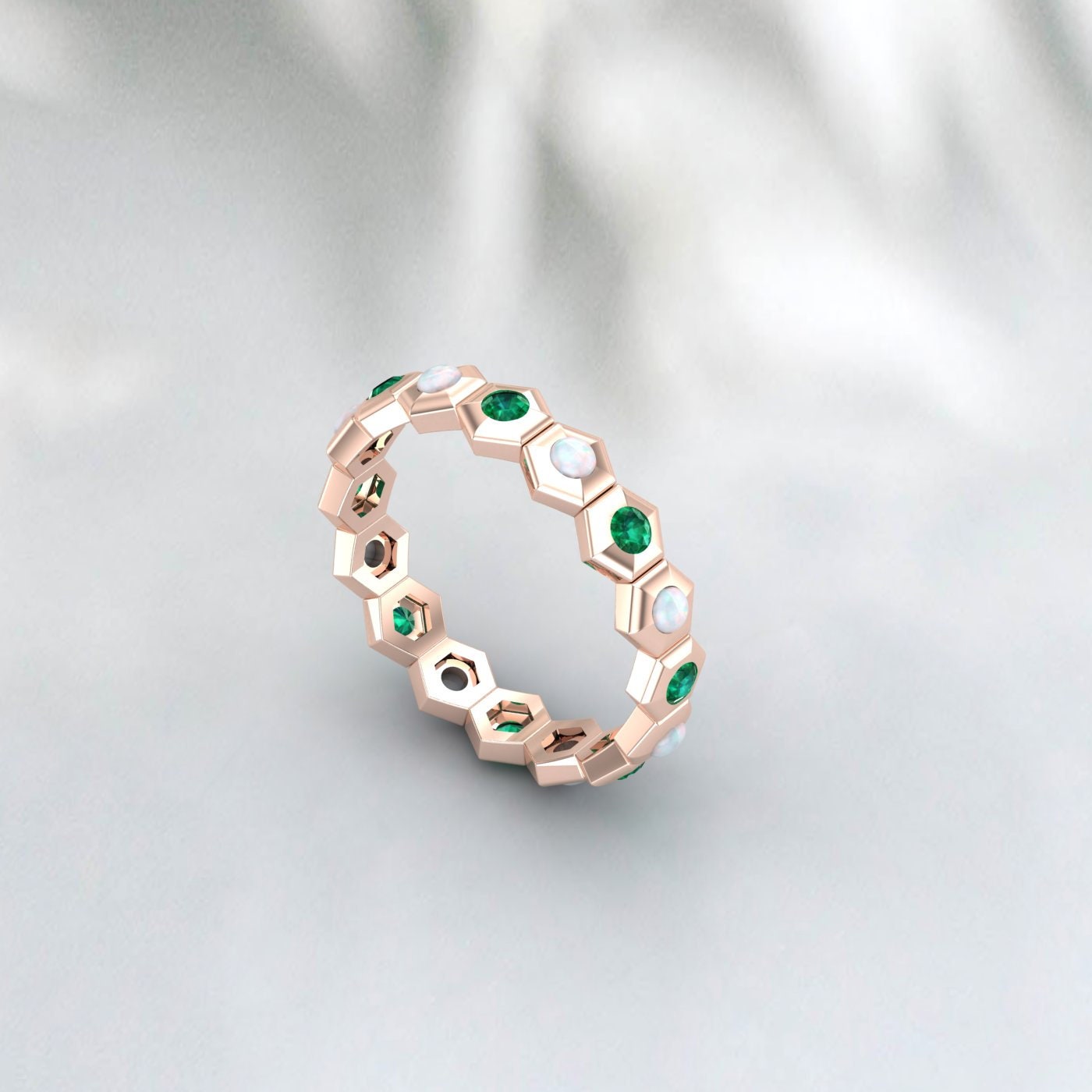 Hexagon Opal and Emerald Ring, 14K White Gold Ring, Double Stone Ring, Eternity Emerald and Opal Wedding Band, Everyday Ring, Gift for her