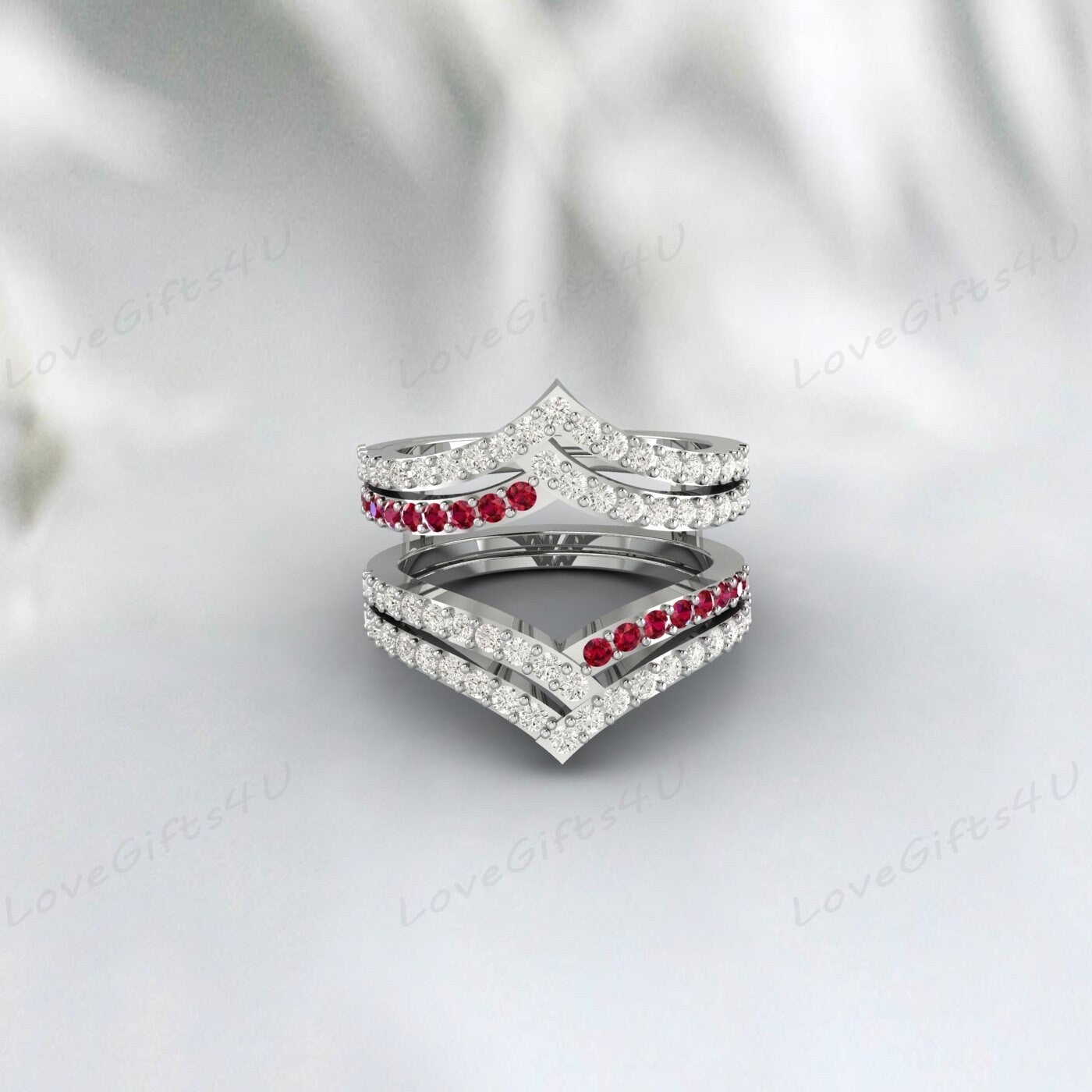 Curved Ruby & Diamond Wedding Enhancer Guard Double Ring For Women