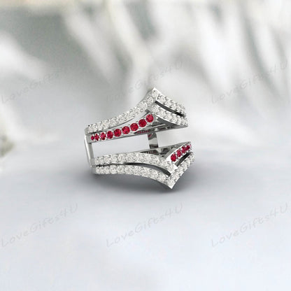 Curved Ruby & Diamond Wedding Enhancer Guard Double Ring For Women