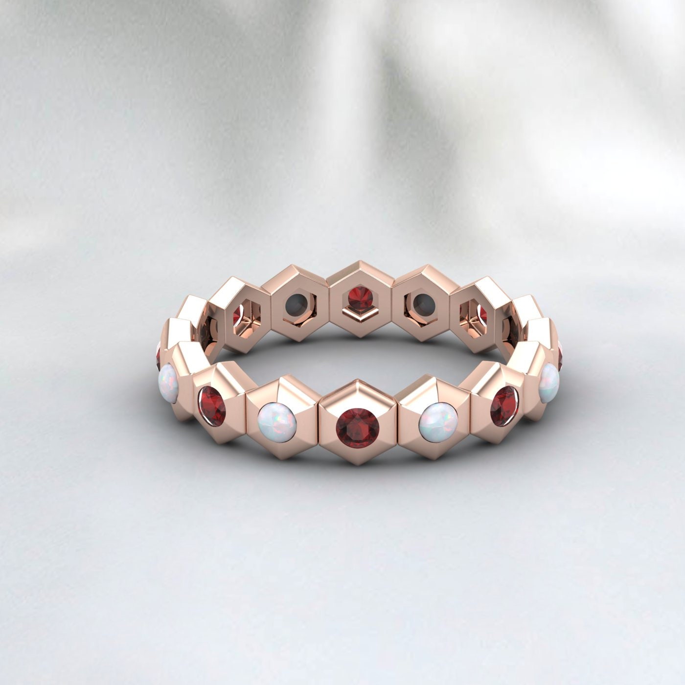 Hexagon Shape Opal Garnet Wedding Band Ring Engagement 14k White Gold 925 Sterling Silver Eternity Minimalist Stacking Matching Band