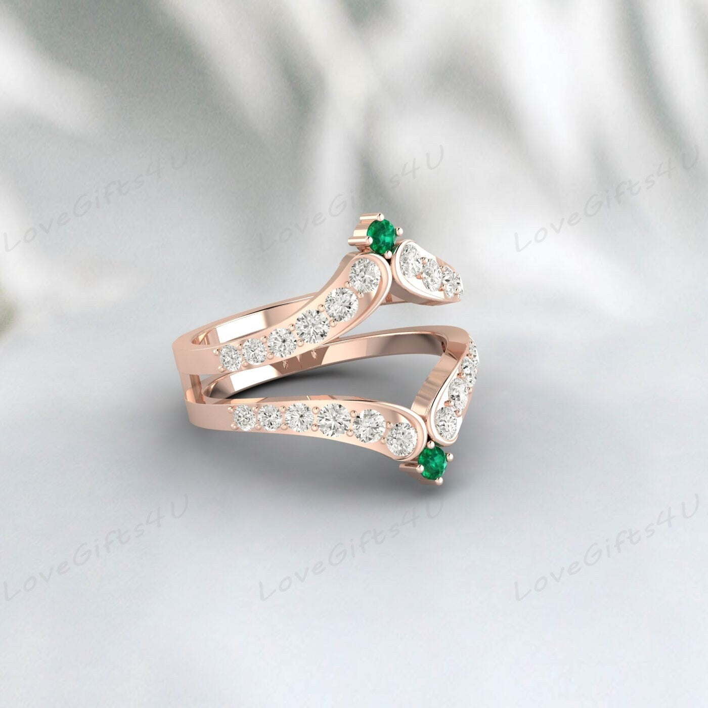 Bague de garde rehausseur d'émeraude verte et de diamant, bague Wra rehausseur de mariage