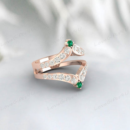 Bague de garde rehausseur d'émeraude verte et de diamant, bague Wra rehausseur de mariage