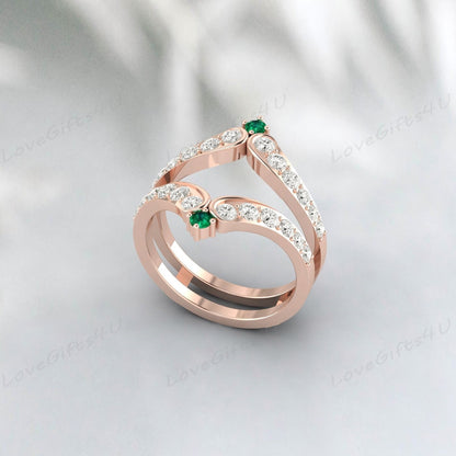 Bague de garde rehausseur d'émeraude verte et de diamant, bague Wra rehausseur de mariage