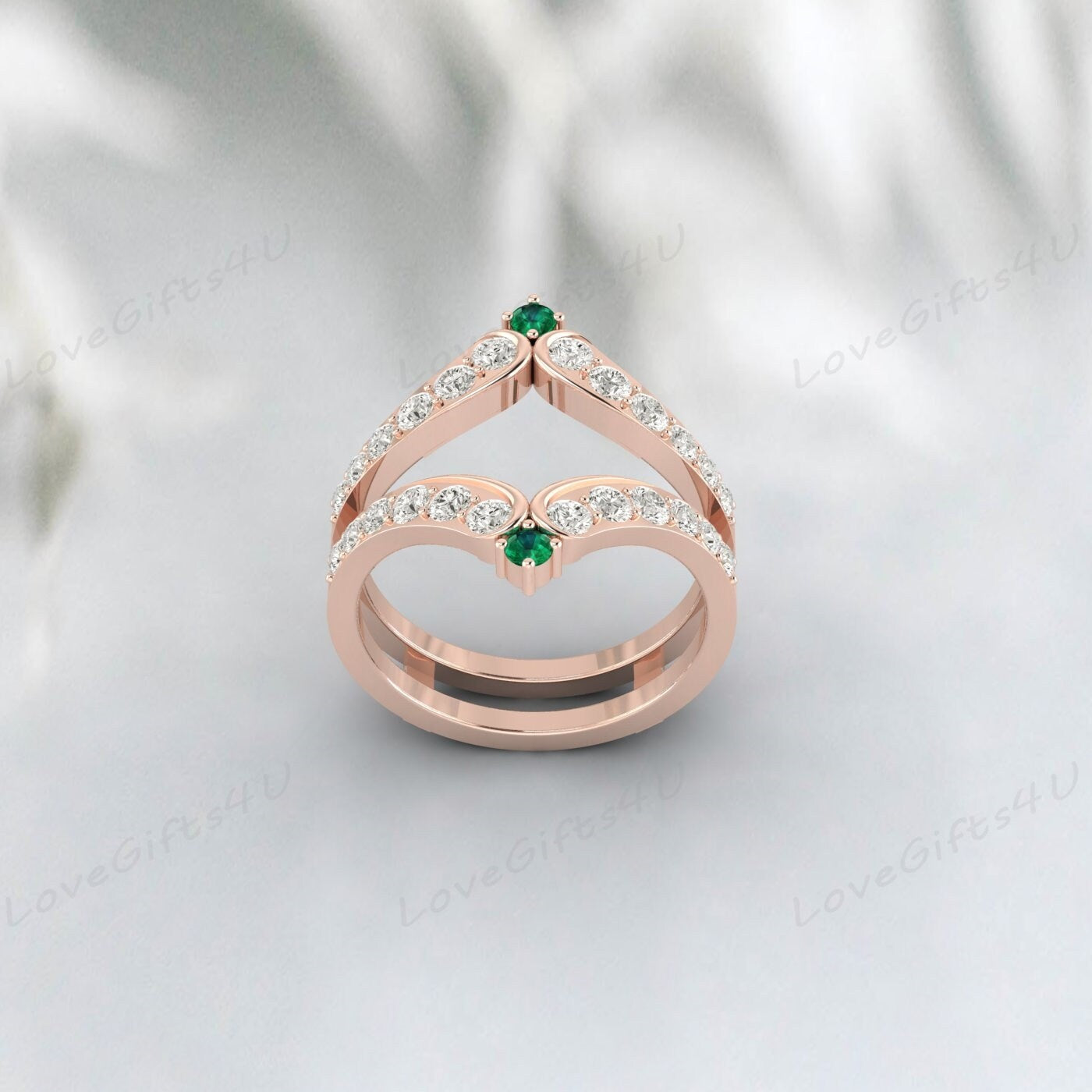 Bague de garde rehausseur d'émeraude verte et de diamant, bague Wra rehausseur de mariage