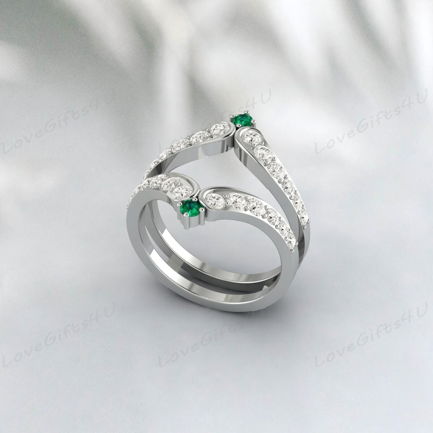 Bague de garde rehausseur d'émeraude verte et de diamant, bague Wra rehausseur de mariage