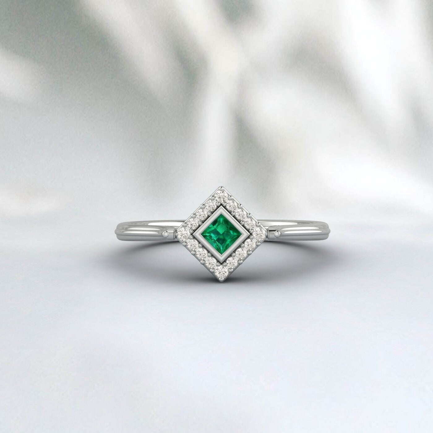 Vintage Princess Cut Emerald Engagement Ring Moissanite Brida Band