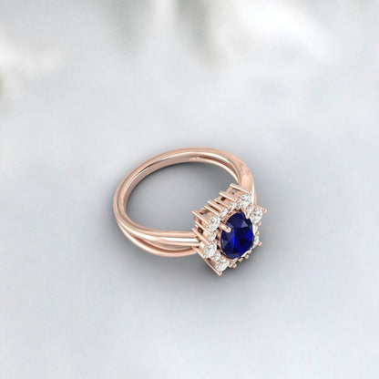 Bague de fiançailles saphir bleu taille ovale, bague de mariage en or rose et diamant