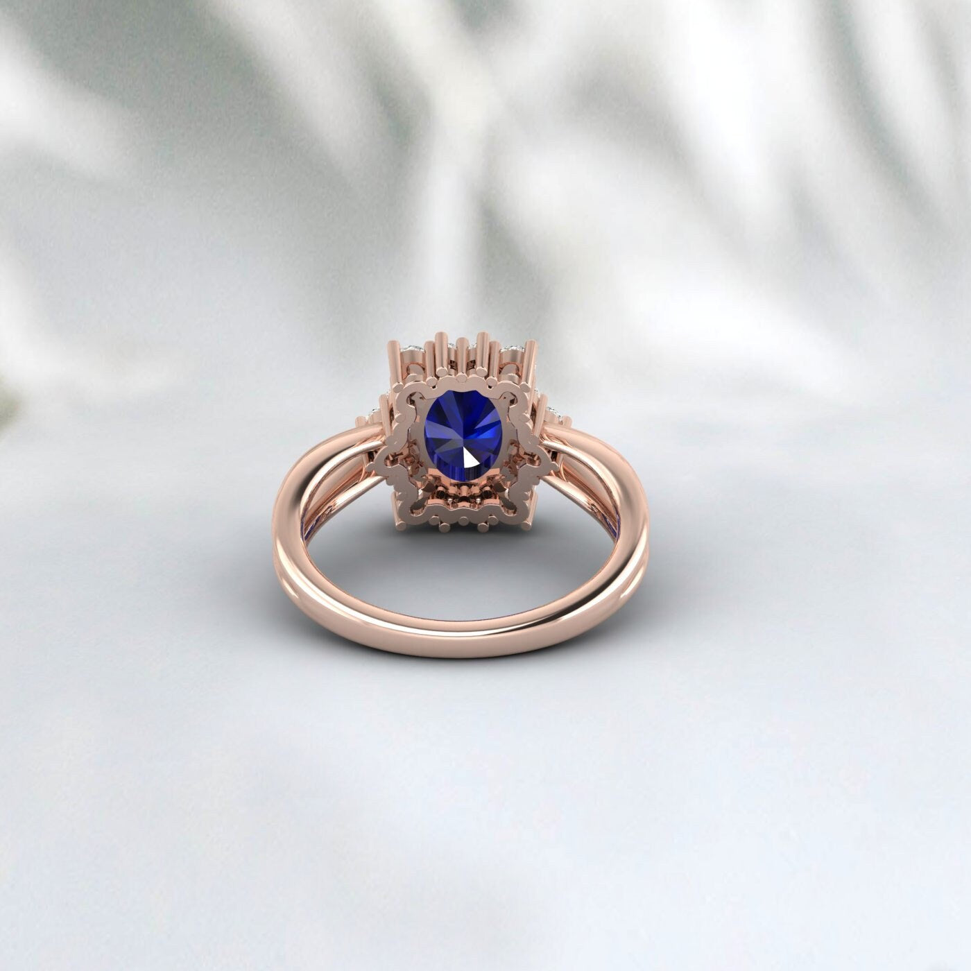 Bague de fiançailles saphir bleu taille ovale, bague de mariage en or rose et diamant