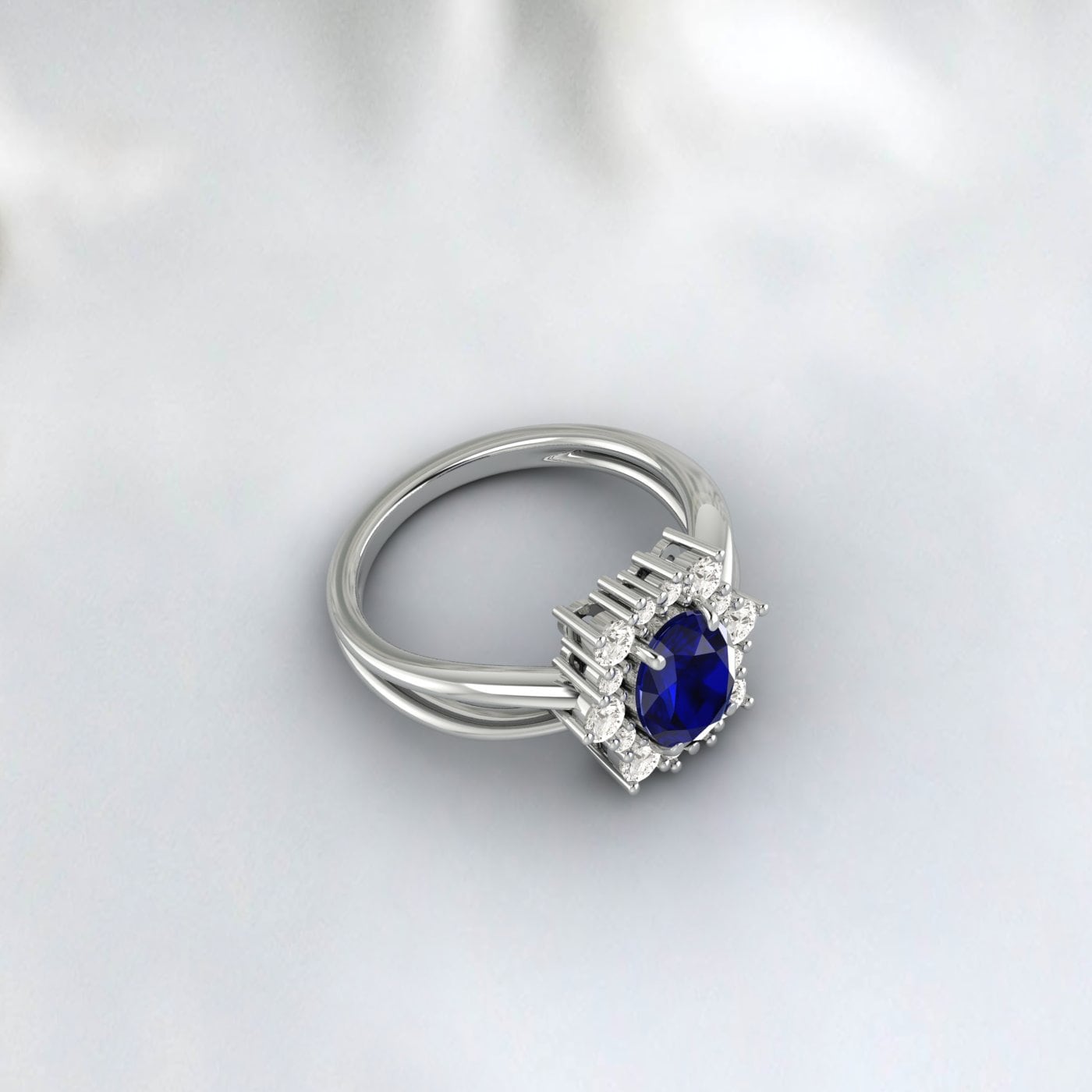 Bague de fiançailles saphir bleu taille ovale, bague de mariage en or rose et diamant