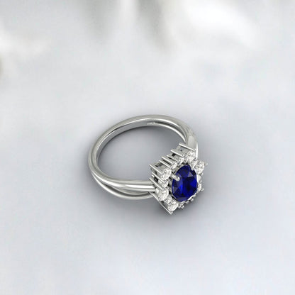 Oval Cut Blue Sapphire Engagement Ring Rose Gold Diamond Wedding Ring