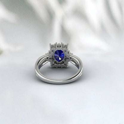 Bague de fiançailles saphir bleu taille ovale, bague de mariage en or rose et diamant